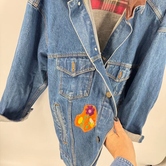 Vintage Marlboro Country Store Denim Jacket L Leather Collar Upcycled Embroidery - Picture 10 of 13